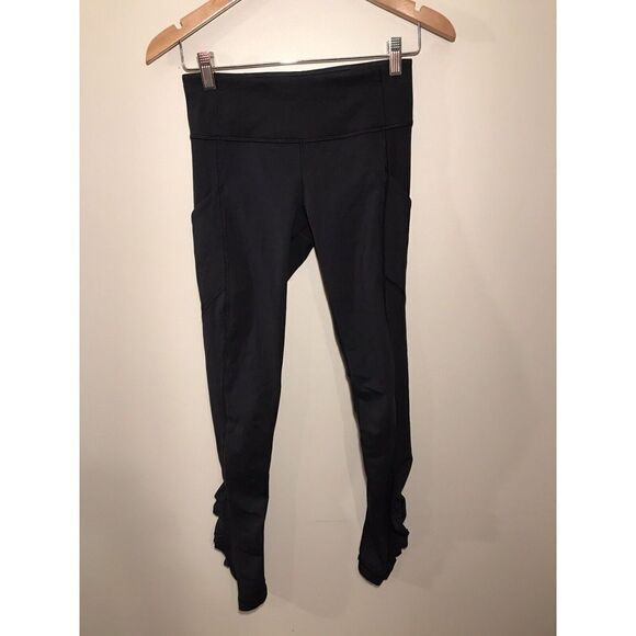 Lululemon Speed‎ Tight IV Womens Sz 4 Pockets Zip Ruched Ankle Reflector Black - Picture 2 of 7